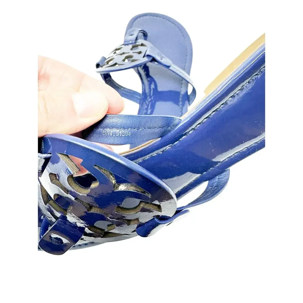 TORY BURCH Blue Metallic Miller Logo Patent Leather Sandals Size 10
